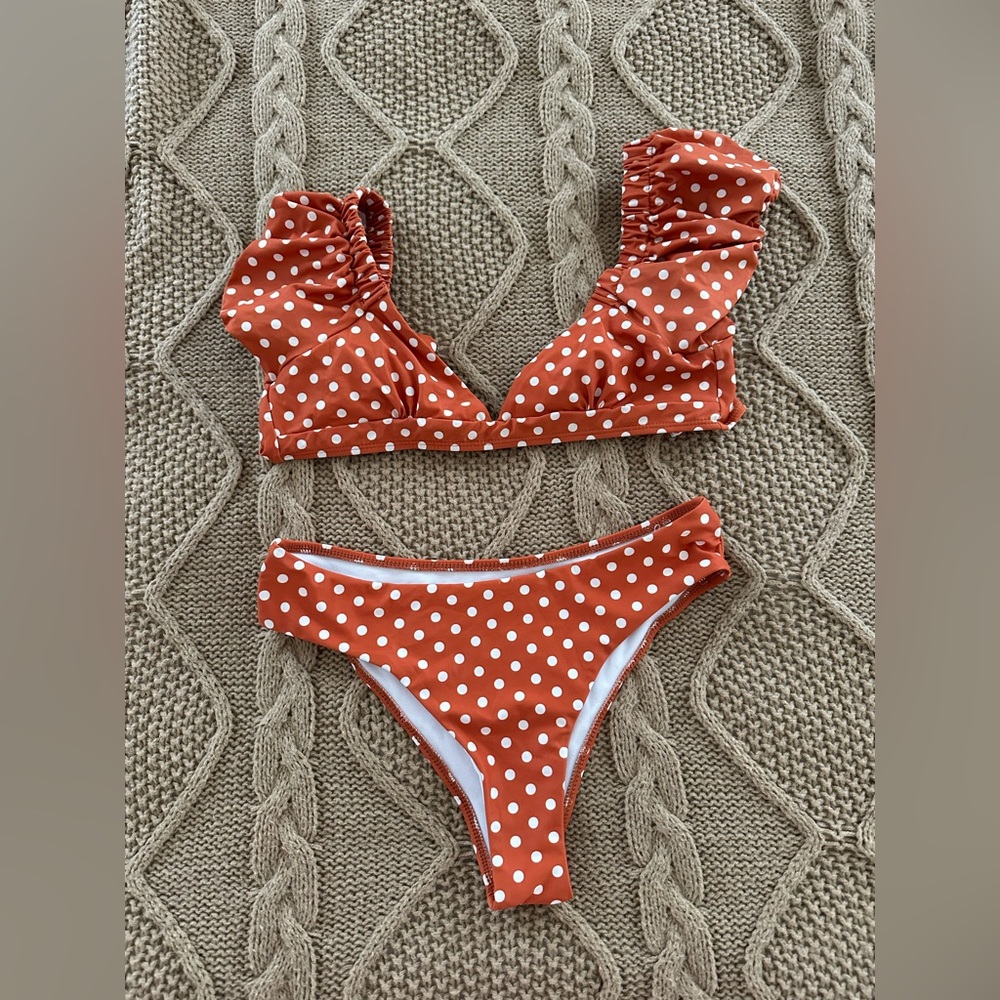 Rust Polka Dot Ruffle Bikini Top & Briefs - Women Swim
